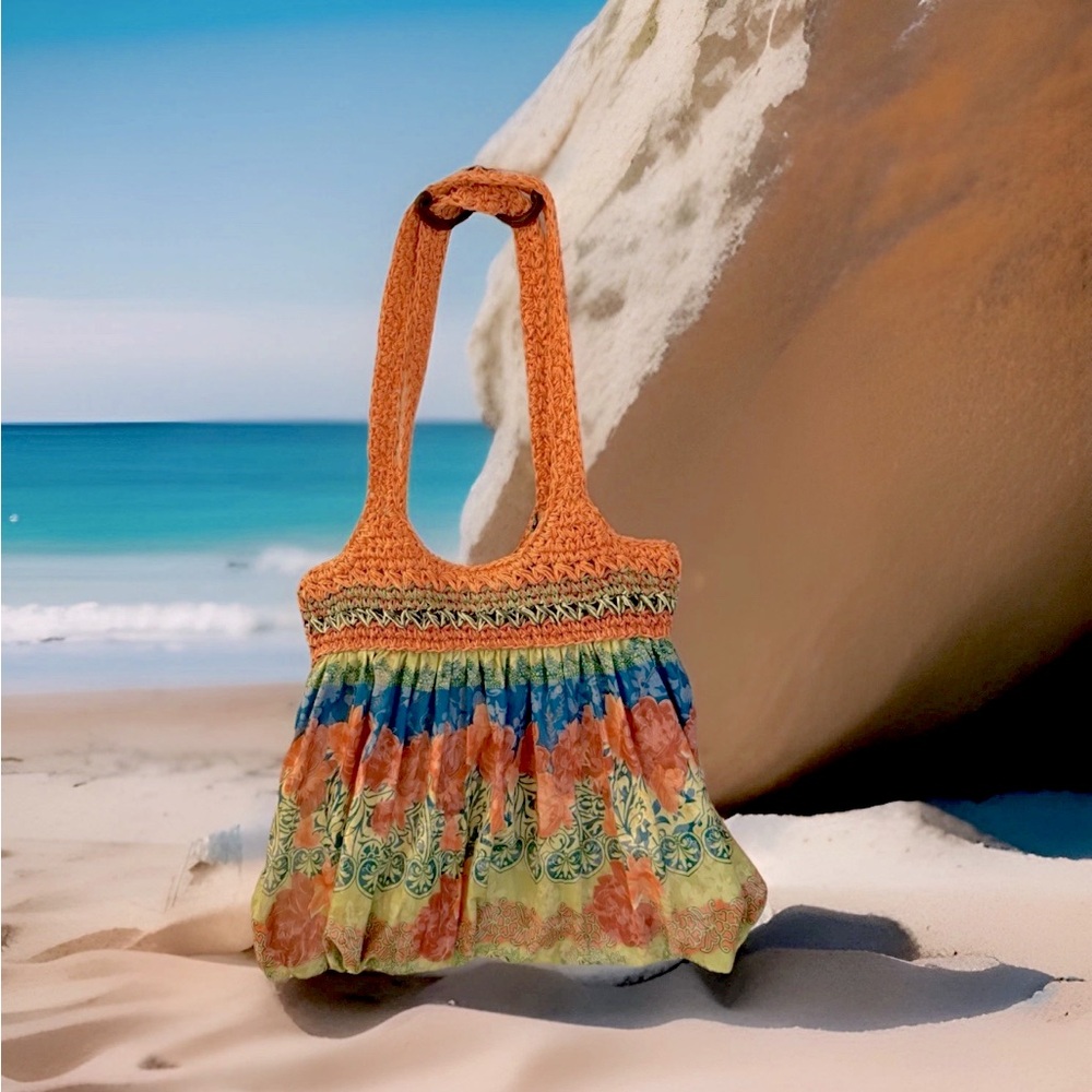 BLUE MIAMI Boho Hippie Slouchy Fabric Crochet Orange Green Tote Beach Purse Bag
